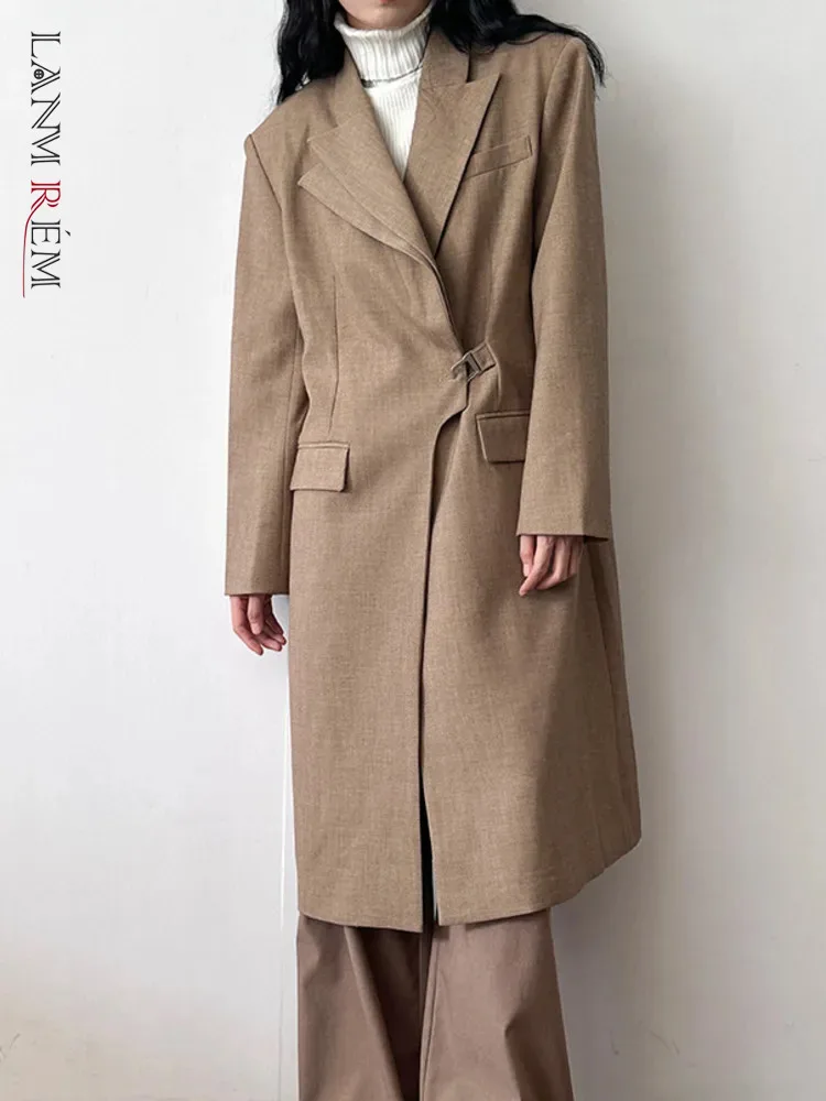

[LANMREM] Designer Long Blazers For Women Khaki Single Button Temperament High End Outcoat Fashion 2023 Winter New 26D6774
