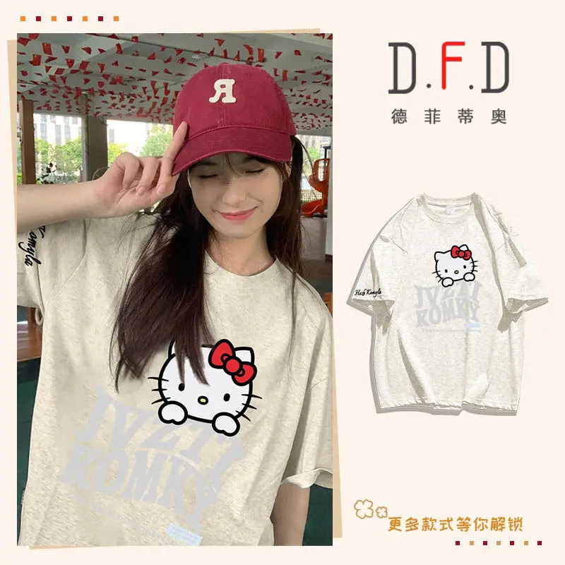 Sanrio Series Flower Grey Cute Hello Kitty Printed Vital Short Sleeve 100% Cotton T-Shirt Summer New Round Neck Top