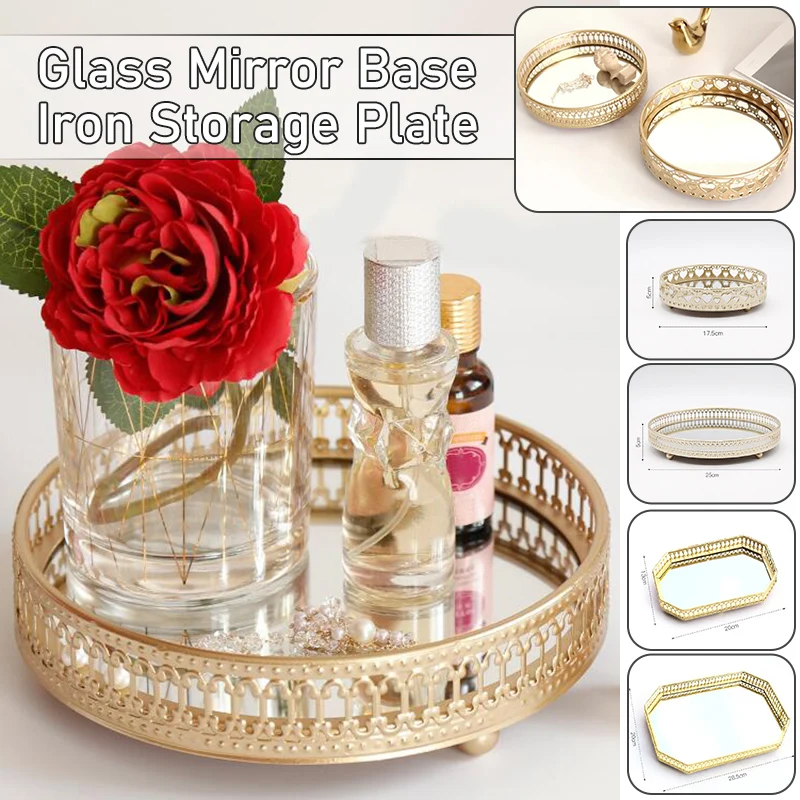 

Nordic Round Alloy Storage Tray with Glass Mirror Base Jewelry Earrings Makeup Storage Box Bedroom Desktop Home Organizer Decor