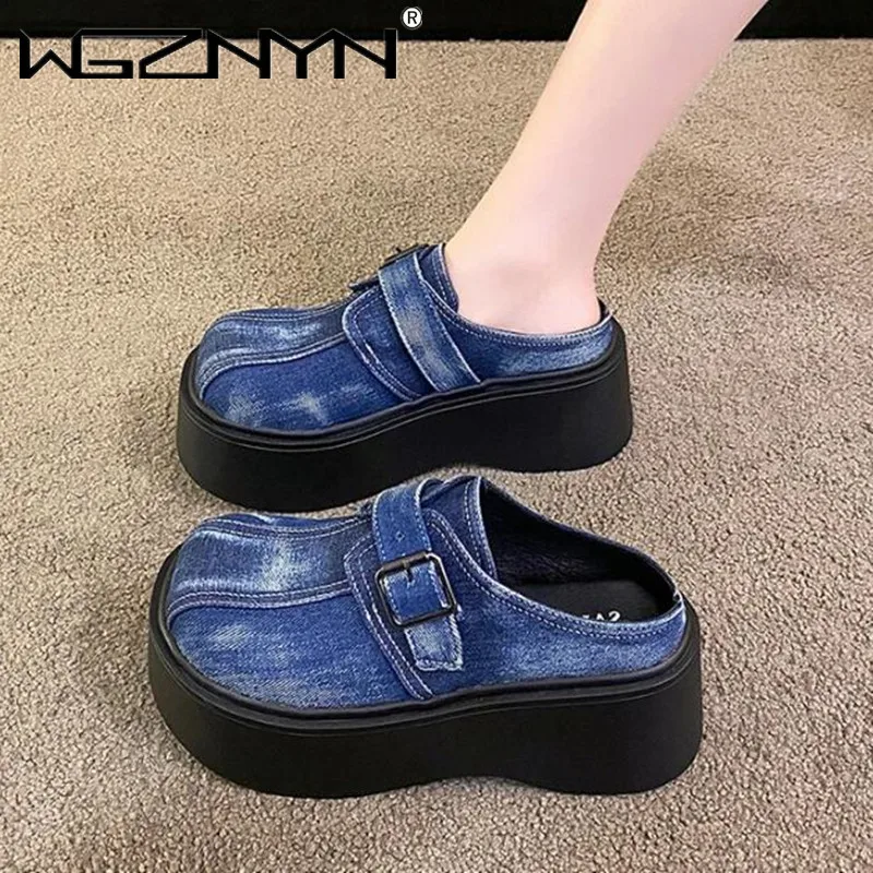 Джинсовые женские тапочки на танкетке роскошные массивные кроссовки 7 5 см