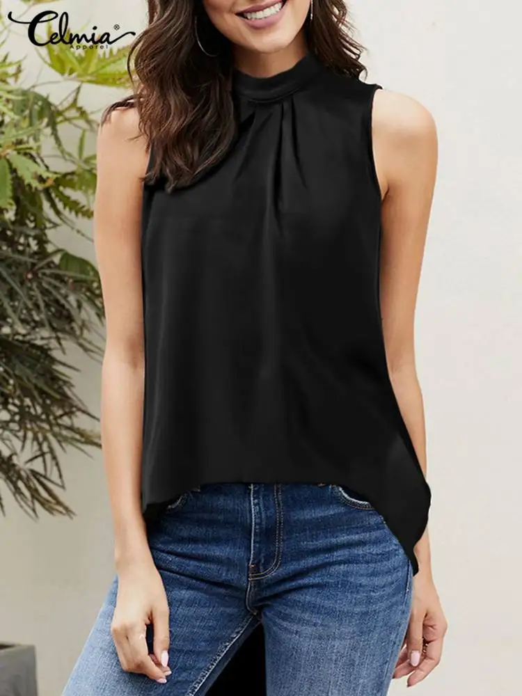 

Celmia Fashion O Neck Pleated Shirts Women Satin Solid Blouse 2022 Summer Sexy Sleeveless Asymmetrical Tops All-Match Streetwear