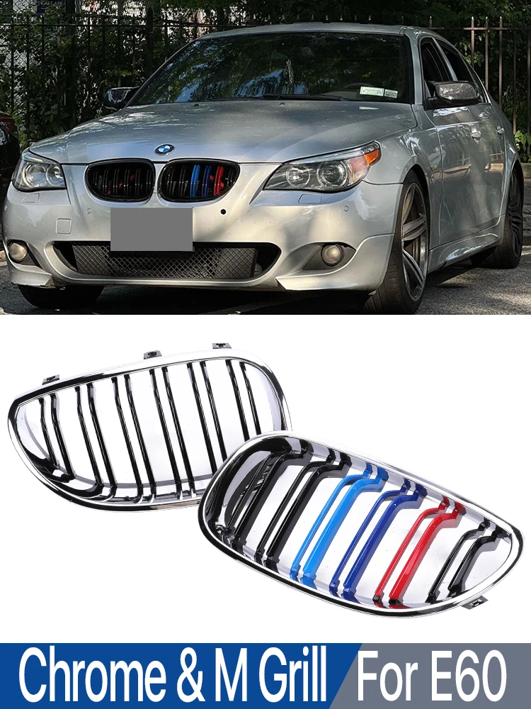 M Sport Kidney Front Bumper Inside Grills Silver Chrome M Design Lower Bottom Grille Mesh For BMW 5 Series E60 E61 2004 -2009