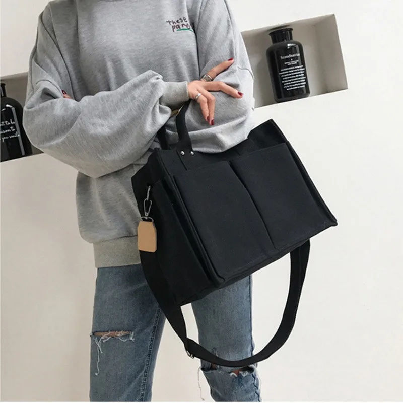 Canvas Simple Totes With Many Pockets Messenger Bags Large Capacity Shoulder Bag Female Big Handbag
