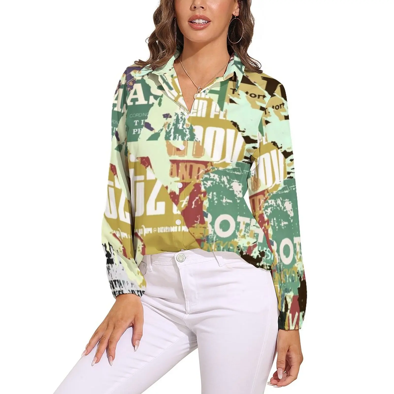 

Свободная блузка с газетным коллажем, винтажная Эстетическая уличная мода, женская винтажная рубашка с длинным рукавом, одежда с принтом