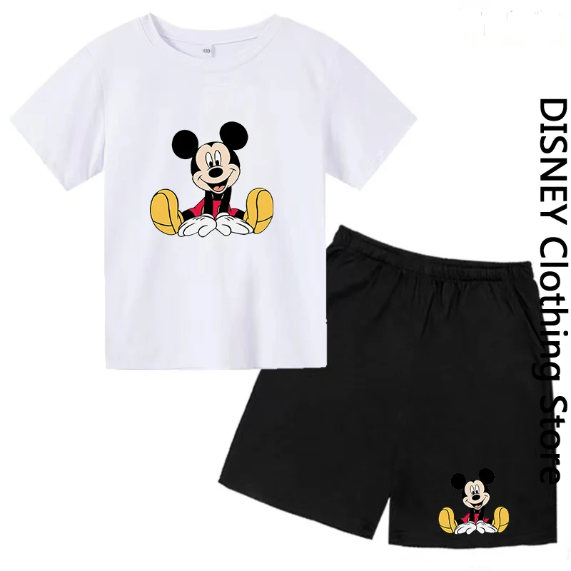 2023Disney Summer Kids Suit Girls Boys Short Sleeve T-shirt + Shorts 2-piece Mickey Mouse Brand Clothing Age 3-12 Junior Clothes