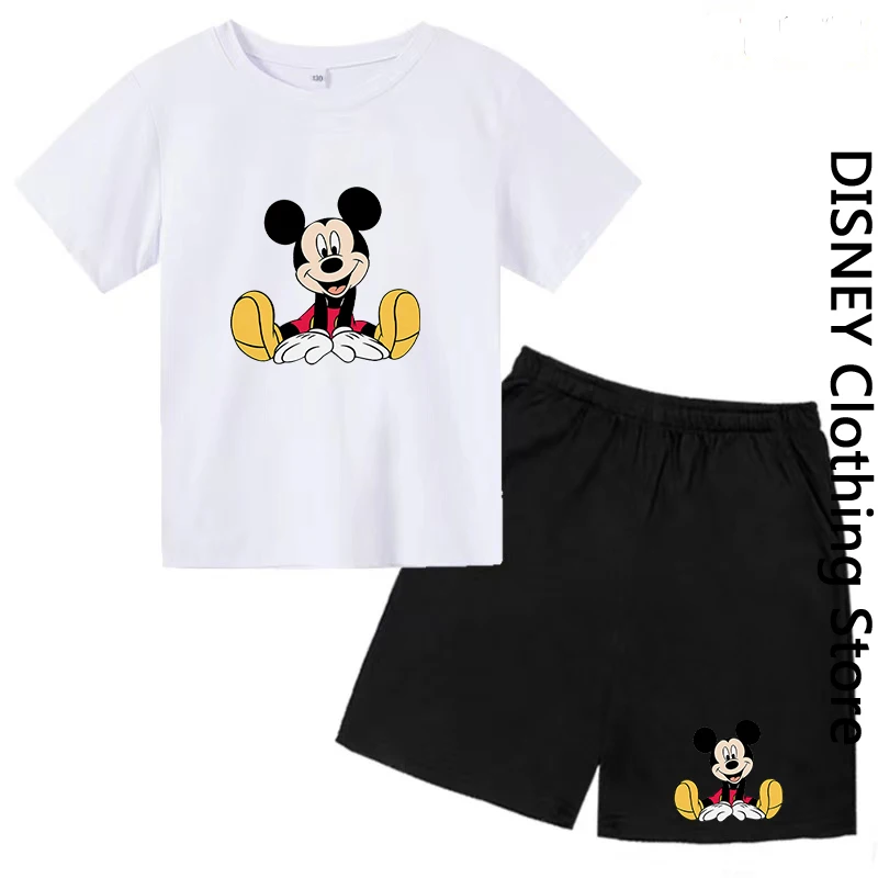 

2023Disney Summer Kids Suit Girls Boys Short Sleeve T-shirt + Shorts 2-piece Mickey Mouse Brand Clothing Age 3-12 Junior Clothes