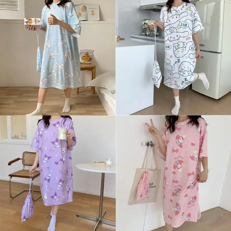 

Летняя ночная рубашка для девочек Kuromi Cinnamoroll My Melody Сейлор Мун лотсо, домашняя одежда, тонкая Пижама с короткими рукавами, отправляется с сумк...