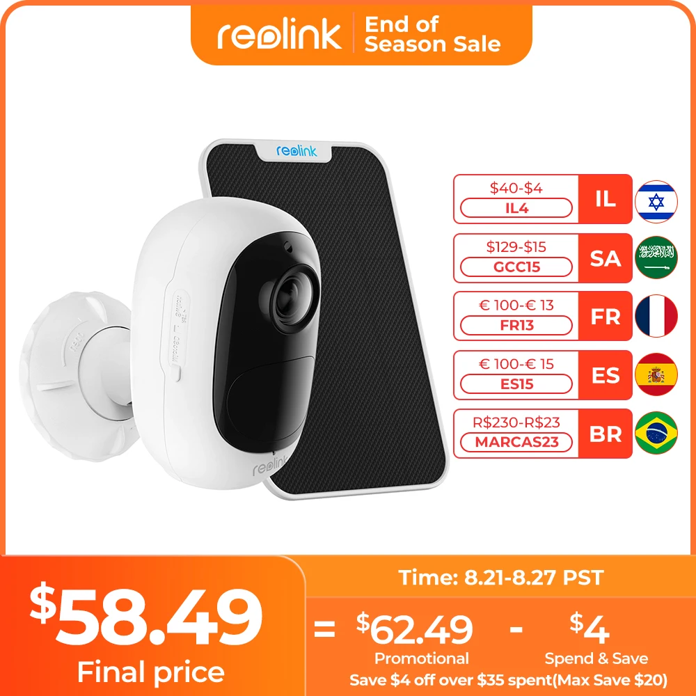 Reolink Argus 2E Battery WiFi Camera Argus Eco 1080P Full HD 6x Zoom Motion Detection 2-Way Audio Solar Powered Security Camera