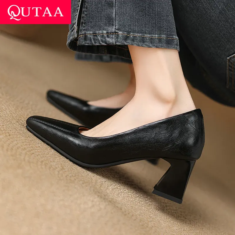 QUTAA 2025 модные женские туфли-лодочки винтажные туфли на высоком квадратном