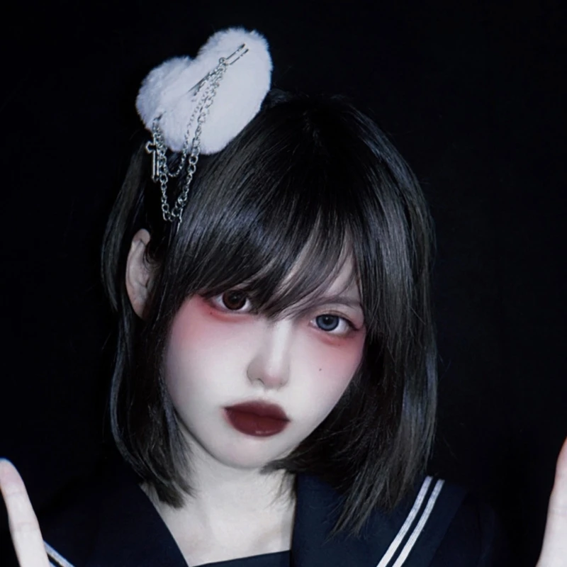 

Harajuku Plush Heart Shape Hair Clip with Dangle Chain Women Gothic Halloween Costume Non-slip Hairpin Hair Ornament Barrettes