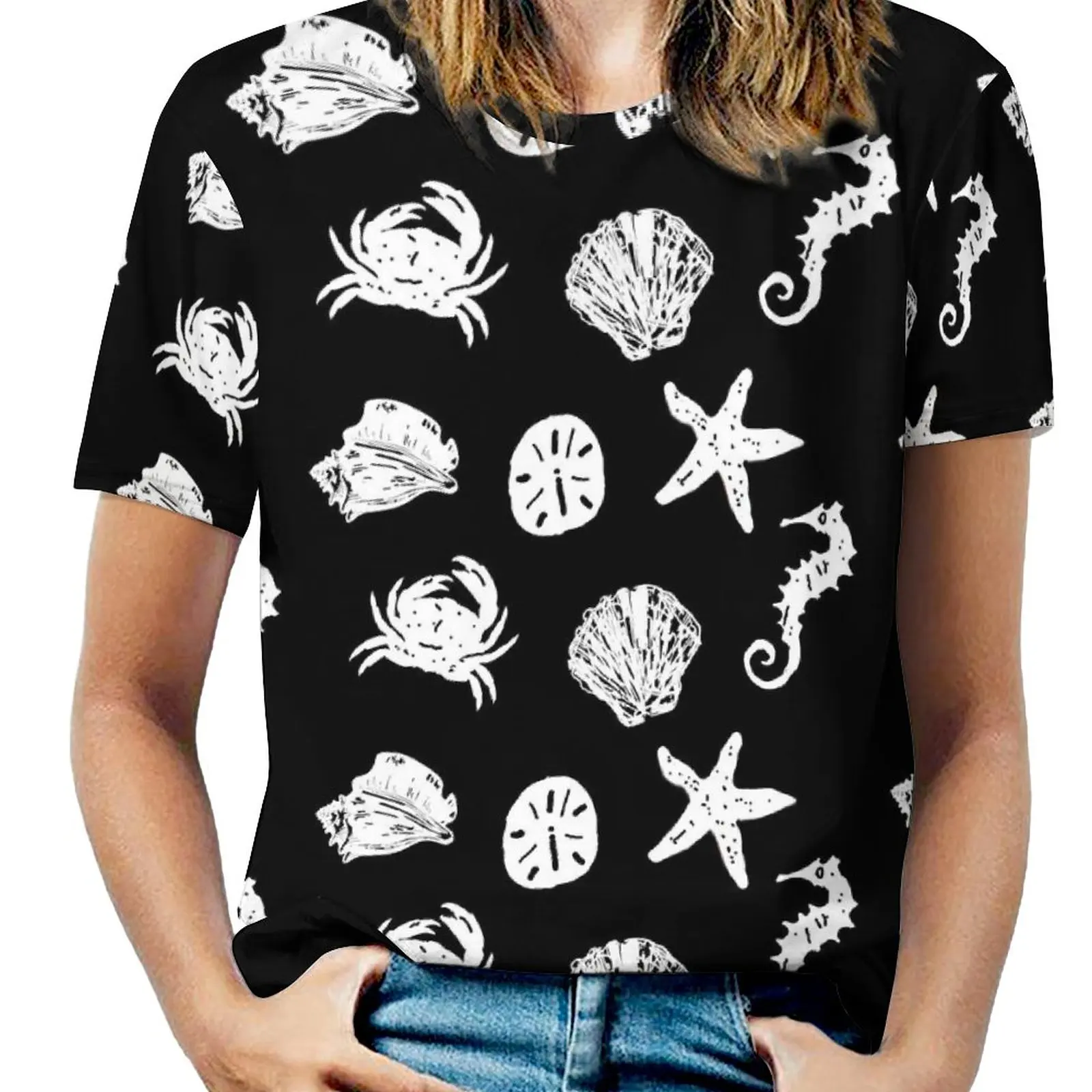 

Черно-белая футболка с морскими ракушками корейская мода футболка с коротким рукавом трендовая футболка большого размера пляжные топы с гр...