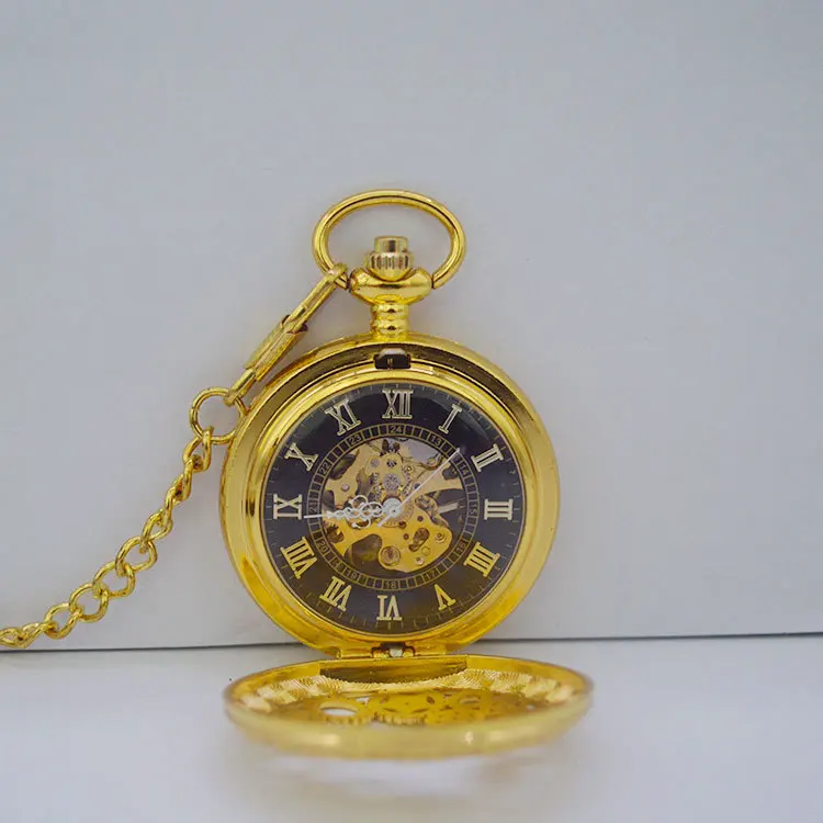 Luxury Steampunk Gear Mechanical Pocket Watch for Men Women Hollow Out Skeleton Case Roman Numerals Dial Fob Chain Pendant Clock