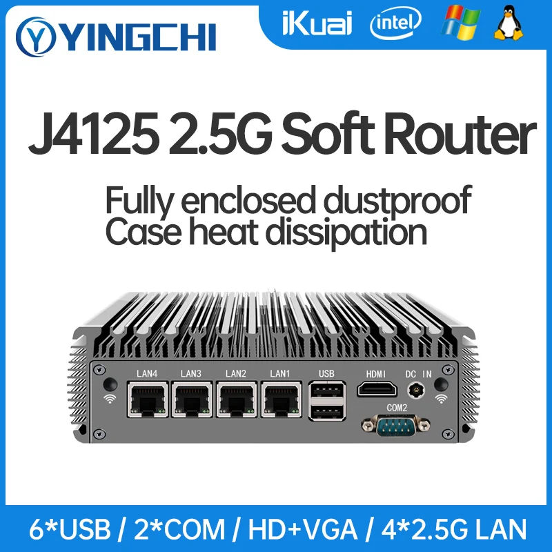 YINGCHI Intel Celeron J4125/N5105 Fanless Soft Router Mini PC 4x i225 2.5G LAN HD and VGA Dual Ports Firewall Appliance