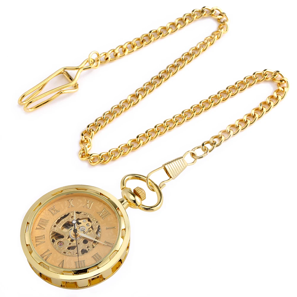 Roman Numerals Display Open Face Manual Mechanical Pocket Watch Gold Fob Chain Men Transparent Hollow Hand-Winding Pocket Clock