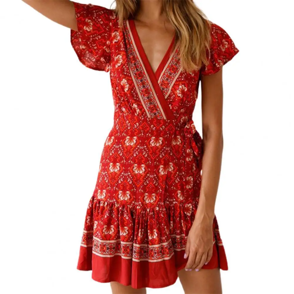

Woman Dress summer dress V-neck Belt Flowy Ruffle Hem Mini Dress Bohemian Floral Print Short Sleeve Women Dress Ladies robe 2022
