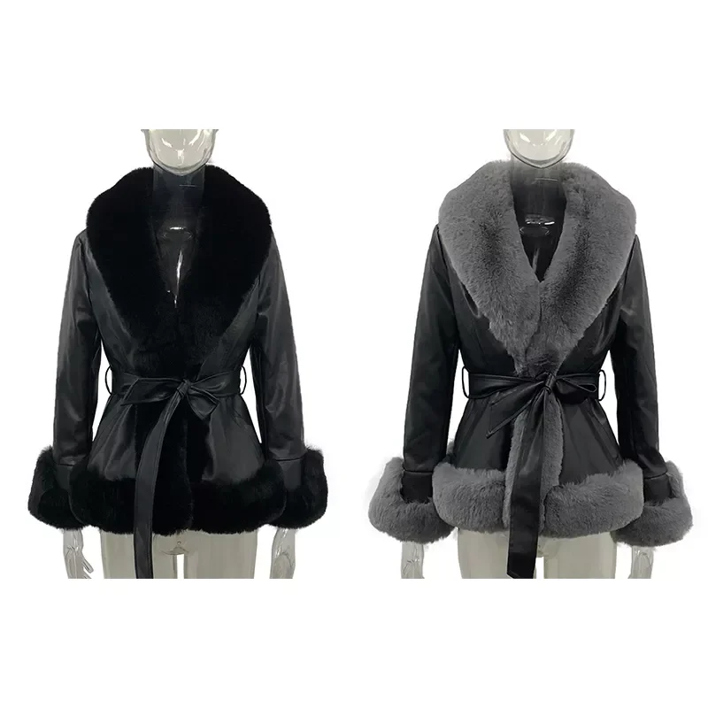 Elina PU Leather Short Jackets Women Fashion Tie Belt Waist Coats Women Elegant Side Pockets Faux Fur Jackets Female Ladies enlarge