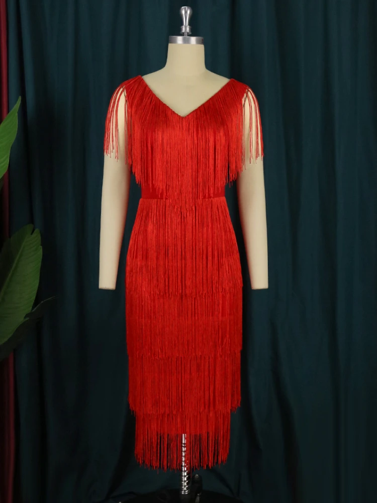 Tassel Evening Party Dresses Plus Size Sexy V Neck High Waist Sleeveless Midi Length Fringe Cocktail Outfits for Ladies 3XL 4XL