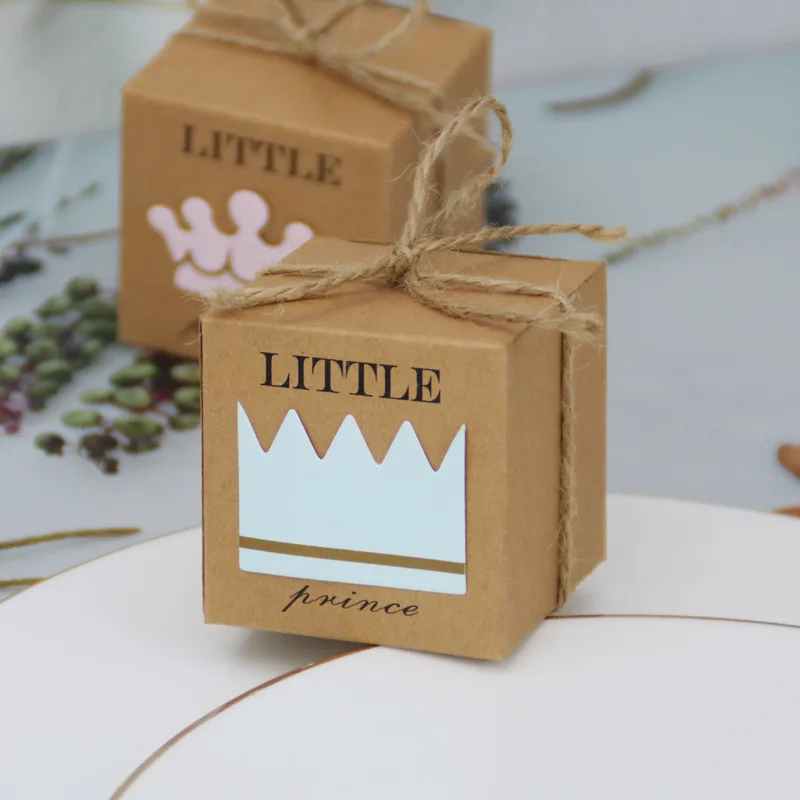 

6/12pcs Kraft Paper Candy Dragee Box Bags Baby Shower Boy Gifts for Guests Little Prince/Princess Crown Happy Birthday Presents