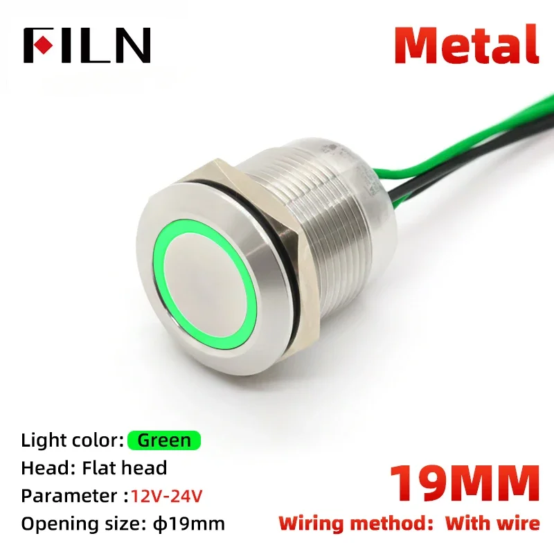 

FILN 19 мм, 12 В, 24 В, 110 В, 220 В, водонепроницаемый, с плоским кольцом, круглый кнопочный переключатель, трехцветный, IP68, металл, нержавеющая сталь, провод 20 см