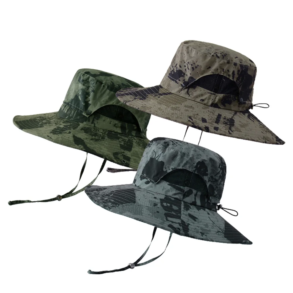 

Fisherman Hat Mesh Holes Double Layer Hat Breathable Hiking Boonie Sun Cap Camouflage Bucket Outdoor Fishing Camping Gear