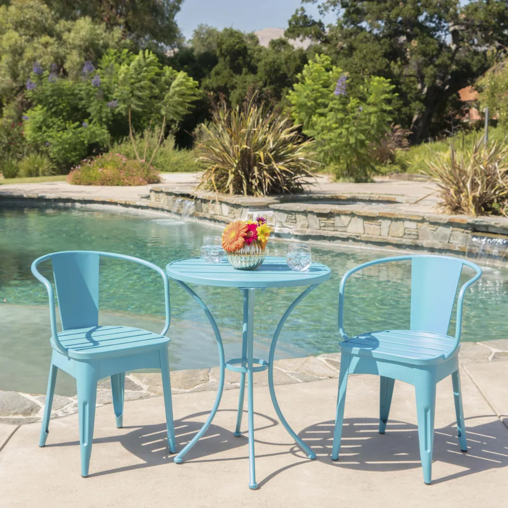 

Rodriguez Outdoor 3 Piece Iron Bistro Set, Matte Blue