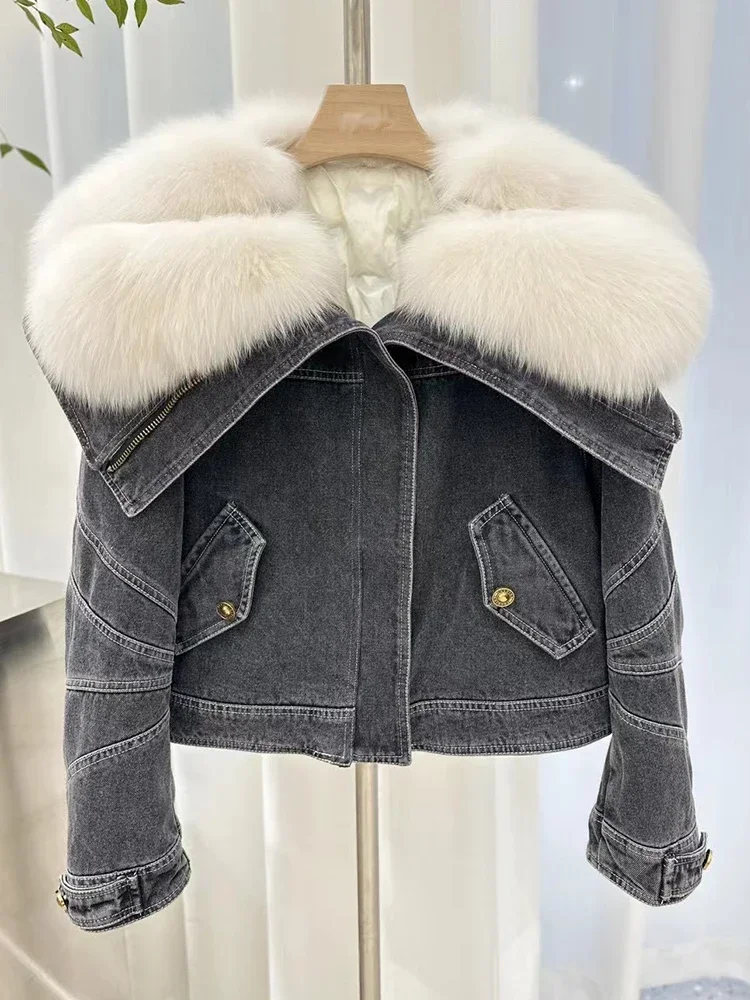 

Женская утепленная джинсовая куртка, джинсовая куртка с воротником из натурального Лисьего меха, теплая джинсовая парка с лисьим мехом для зимы, 2023
