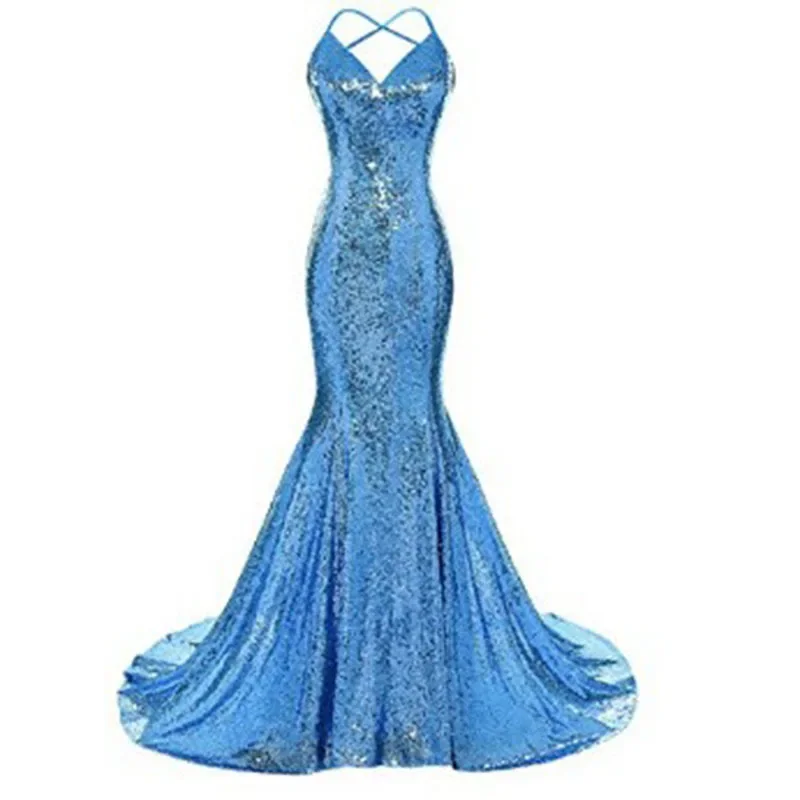 Женское вечернее платье-русалка синее платье с блестками V-образным вырезом