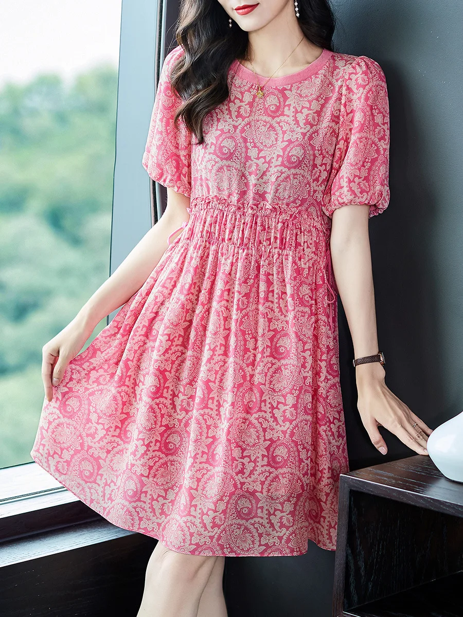 

Birdsky, Summer 1PC Women dress ruffles waist draw cord lantern sleeve 100% real mulberry silk flower print Pink. WS-36