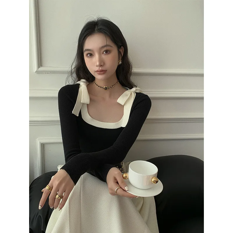 

Solaina зимняя одежда, женский свитер, модные топы 2022, женский короткий пуловер с квадратным вырезом и бантом, повседневный Топ с длинным рукаво...