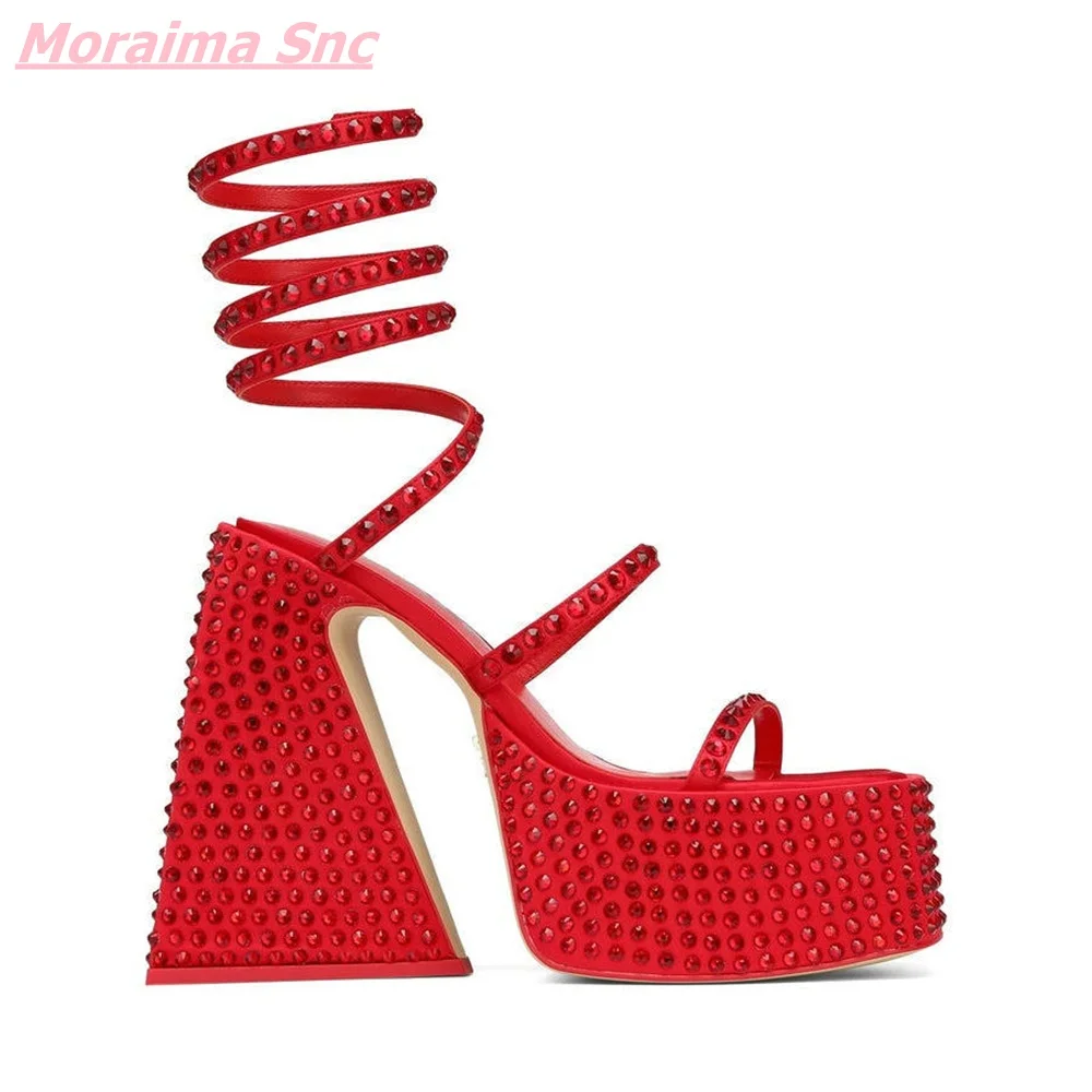 Summer New Red Women Sandals BlingBling Rhinestone Ribbon Square High Heel Open Toe Solid Casual Comfortable Modern Shoes 2022