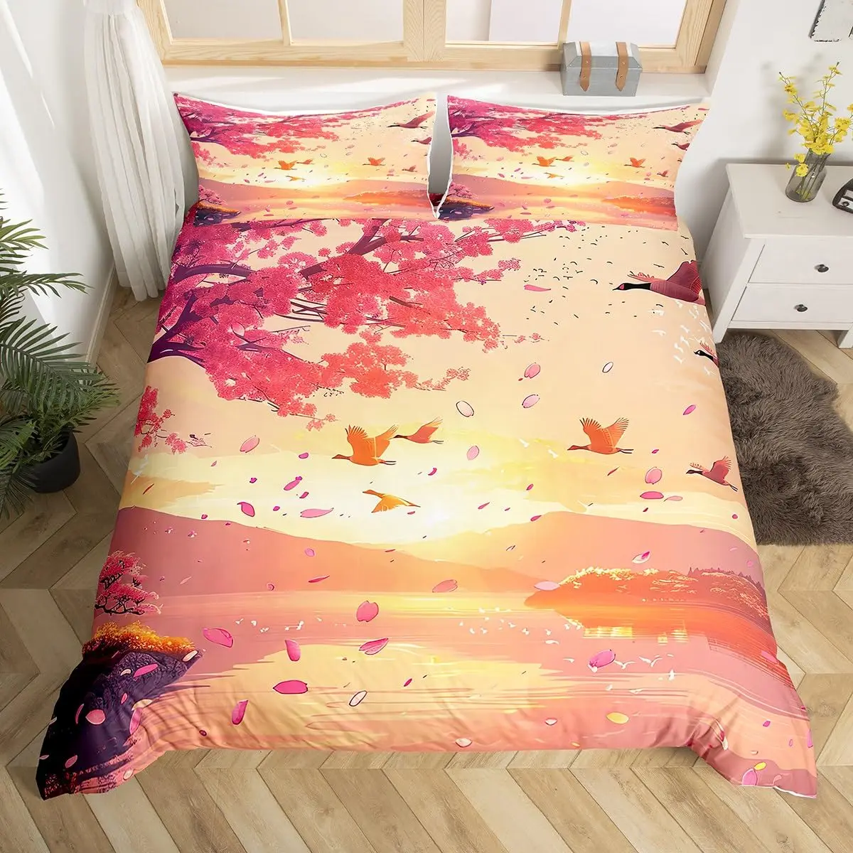 Фото Пейзажные пододеяльники для подростков и взрослых, пододеяльник Queen Dusk Orange Sunset с 2-мя наволочками, комплект постельного белья с романтическими закатами и птицами №4