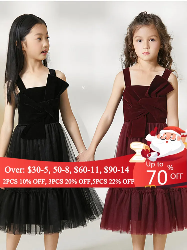 amii kids Winter Vest Dresses Bow Sleeveless Mesh Children Dress Teenager Girls Vestidos Party Dress 22130145