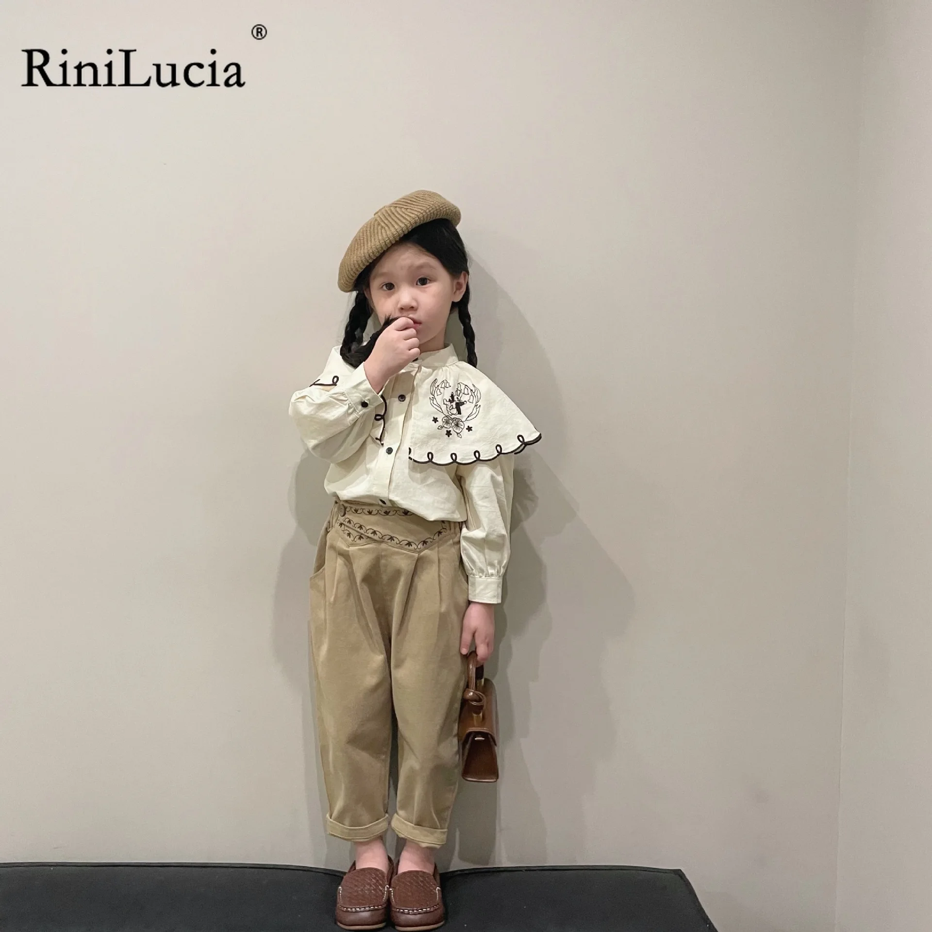 

RiniLucia 2023 New Kids Pants Girl Autumn Solid Trousers Children Fashion Embroidery Pants for Baby Girls Pockets Pencil Pants