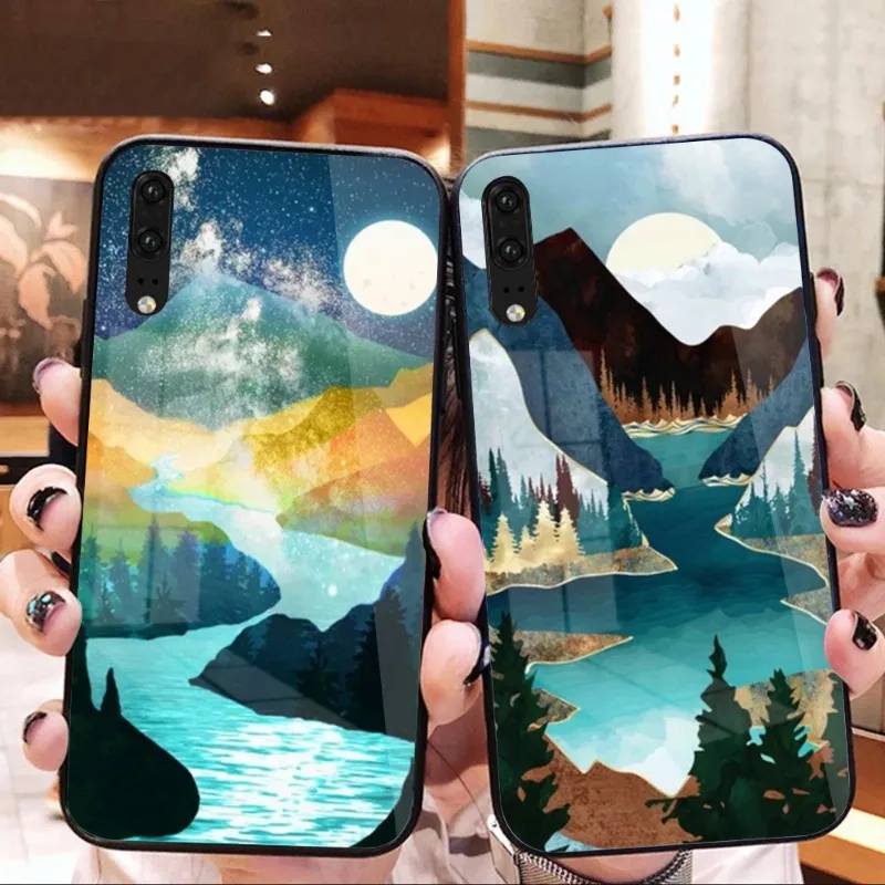 Hand Painted Sunset Phone Case For Huawei P50 P40 P30 P20 Pro Mate 40 30 20 Pro Nova 9 8 7 PC Glass Phone Cover