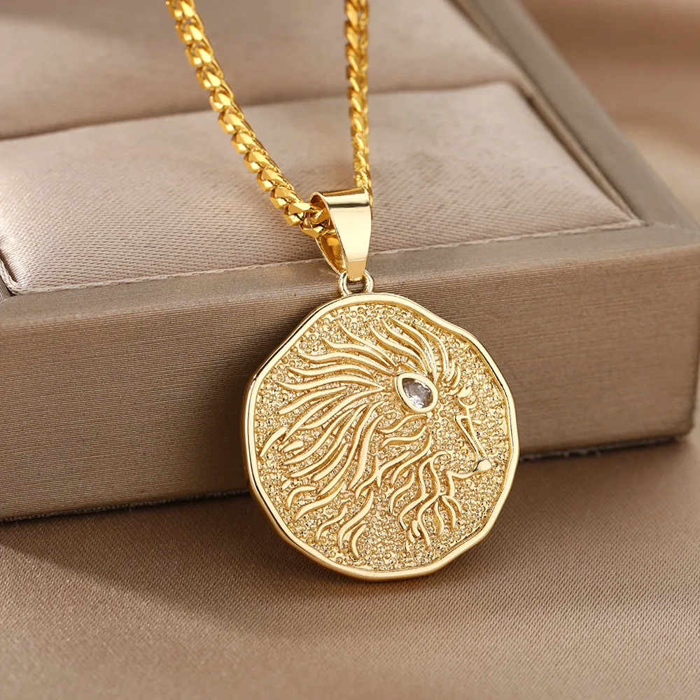 

Aries Gemini Zodiac Necklace For Women Vintage Round Coin Pendant 12 Constellation Necklace Stainelss Steel Goth Jewelry Choker