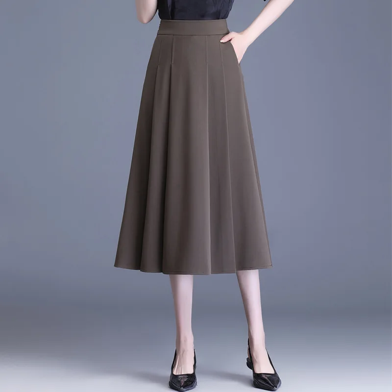 

Women Khaki Midi Skirt Vintage High Waist Pleated Skirts Loose Casual Mid Calf A line Skirt Female Long Faldas Mujer
