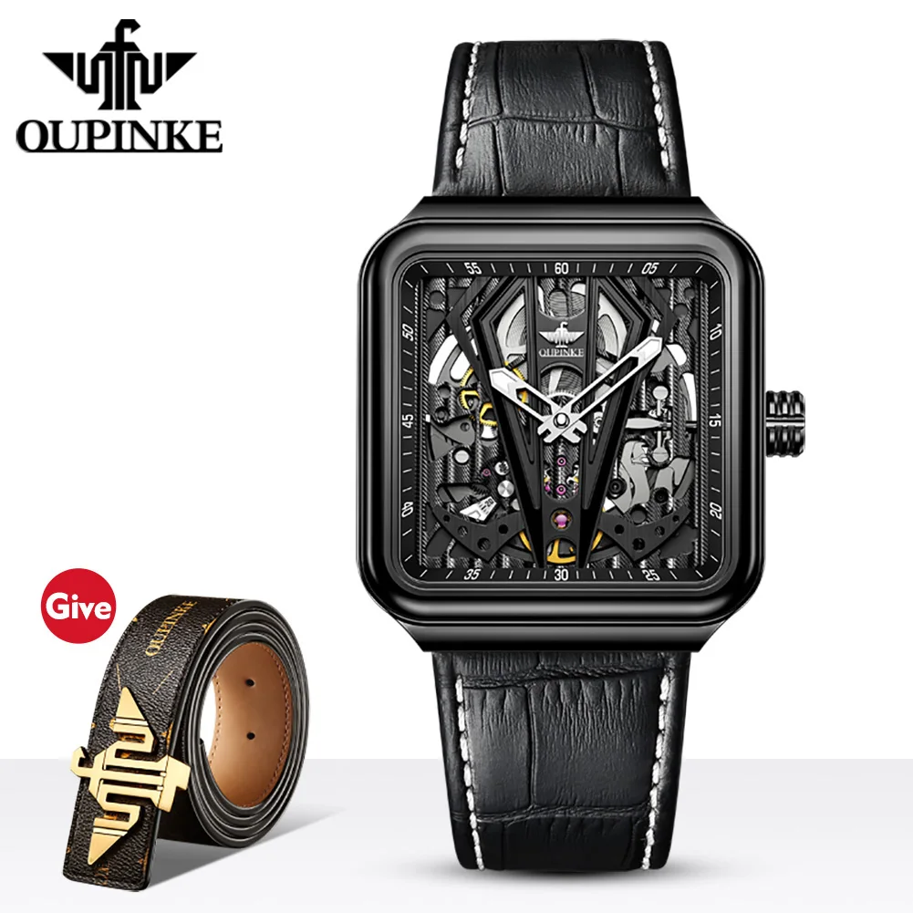 

OUPINKE Luxury Automatic Watch Men Skeleton Mechanical Watch Steampunk Sapphire Crystal Square Transparent sports Wristwatch