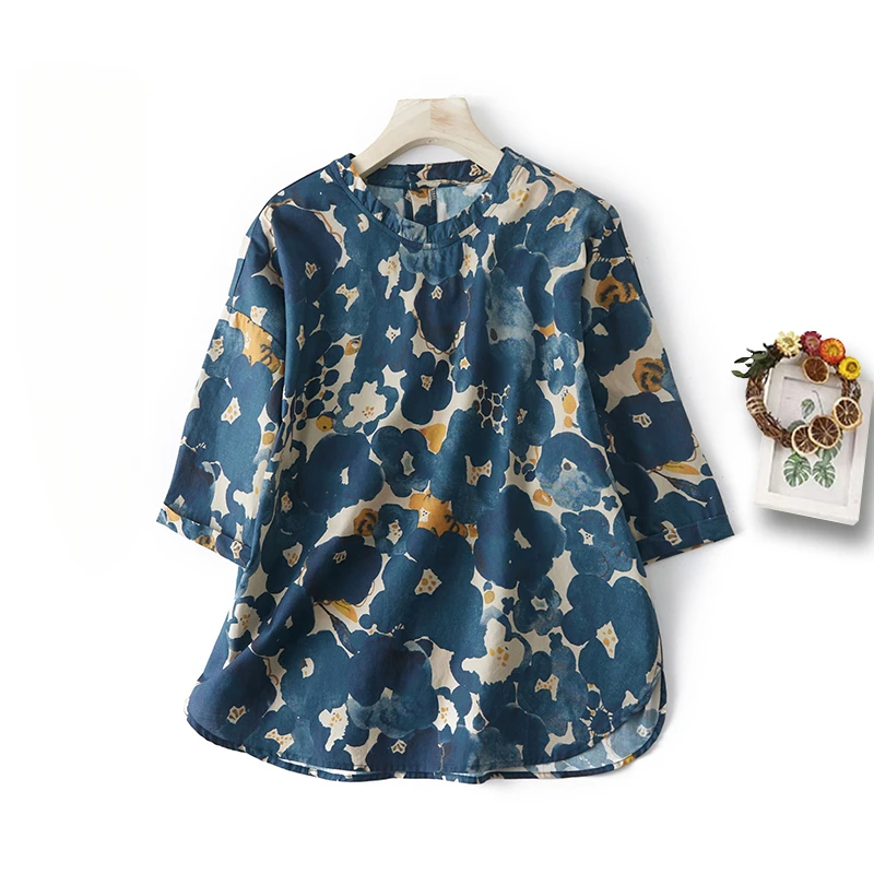 

Женская рубашка из хлопка и льна, винтажная Свободная блузка с коротким рукавом и круглым вырезом, с цветочным рисунком, YCMYUNYAN, лето 2023