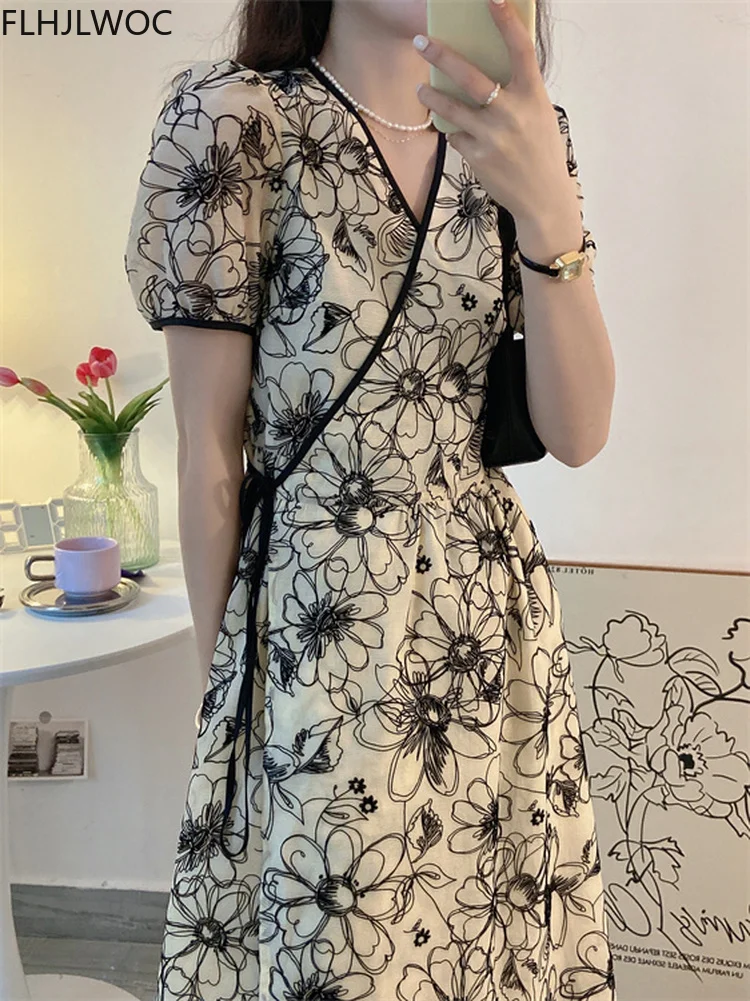 

Chic Korean Clothes Design Summer Womens Elegant Lady Floral Printed Lace-Up Bow Tie One-Piece Cute Retro Vintage Long Dress