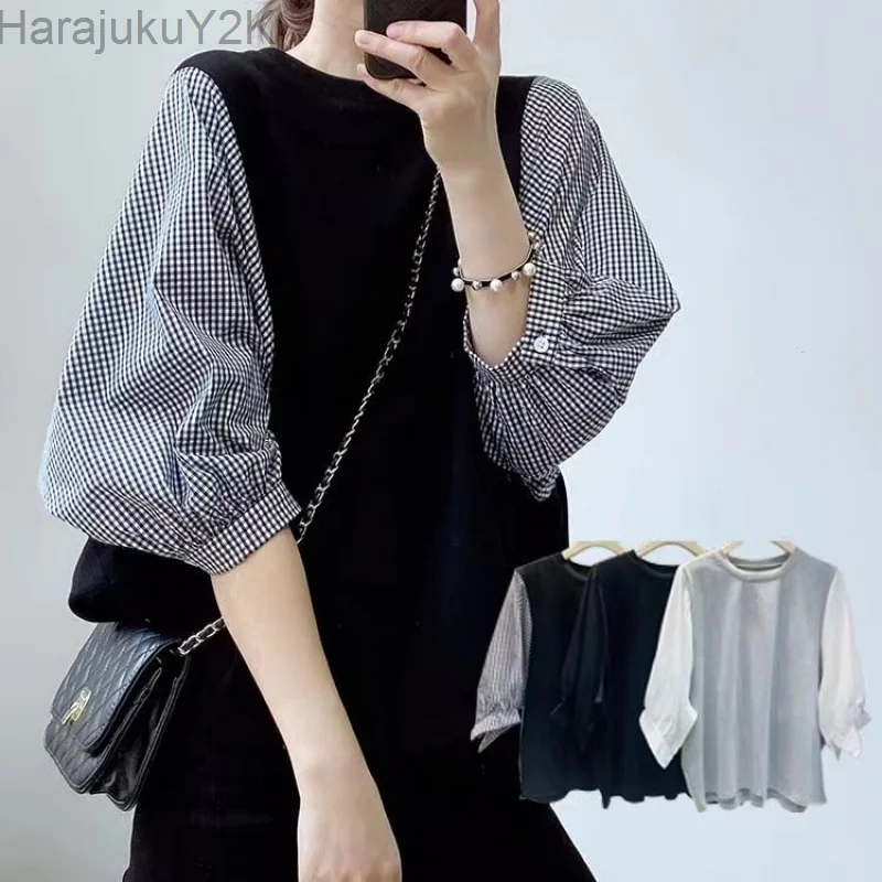 

Japan Style Chic Hit Color Fake Two Piece Blouses Women Loose Casual O Neck Blusas Mujer Spring Summer Fashion Shirts Top
