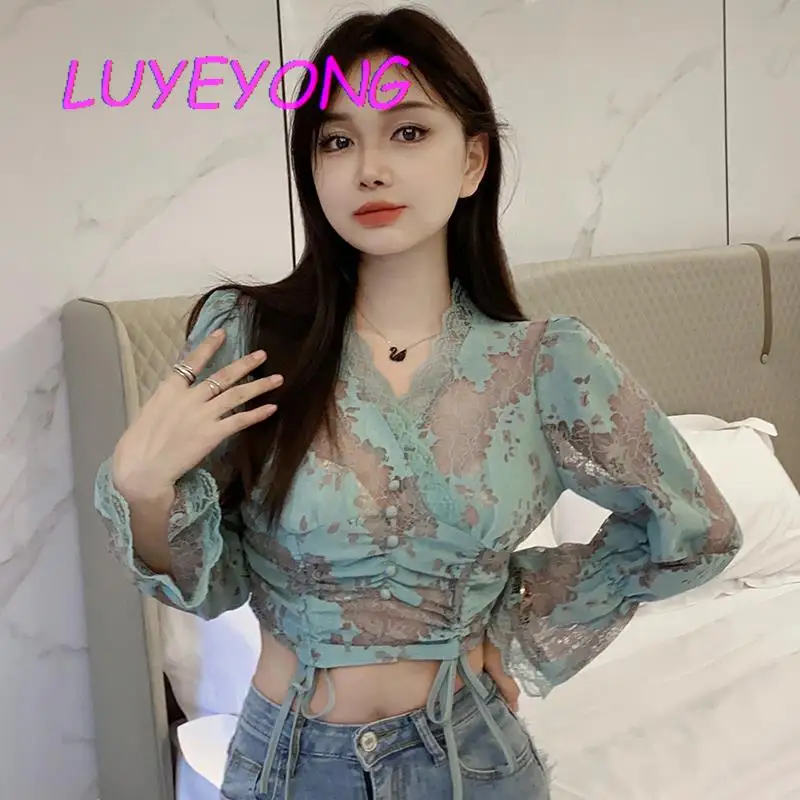

Пикантная прозрачная зеленая кружевная блузка, Женская Тонкая блузка с V-образным вырезом, коротким рукавом и длинным рукавом, Базовые укор...