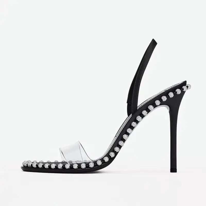 High Heels Women's Beaded Rhinestone Sandals 2023 Summer New Slim Heels Fashion Transparent Women's Shoes Sexy Sandals