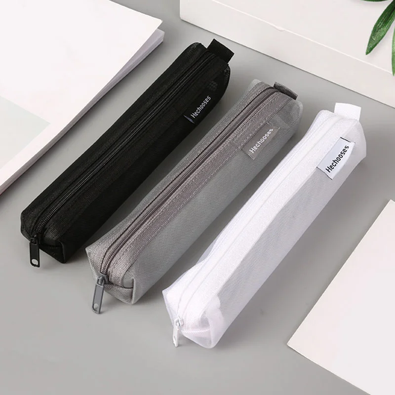 

Косметички на молнии для девушек, чёрные, серые, белые косметички с кисточками, прозрачные сетчатые футляры для карандашей, простые однотонные школьные ранцы