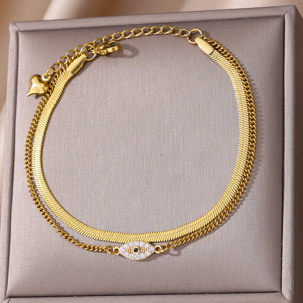 

Stainless Steel Evil Eye Anklets for Women Double Layer Leg Chain Ankle Bracelet Female 2023 Summer Beach Accessories Jewelry