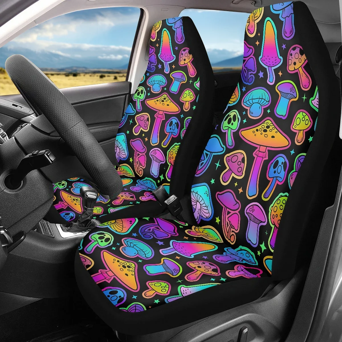 

INSTANTARTS Psychedelic Magical Rainbow Mushrooms Design Car Front Seat Covers 2Pcs/Set Car Auto Cushion Interior Accessories