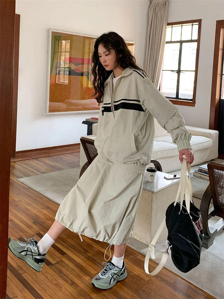 

QWEEK Korean Style Dress Sets Women Gorpcore Vintage Two Piece Set Streetwear Oversized Jacket Harajuku Retro Mid-Calf Dress