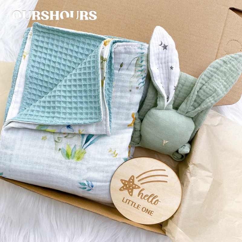 

Baby Swaddle Set Lovely Print Blanket Cotton Muslin Infant Accessories Rabbit Comfort Blanket Newborn Birth Gifts Shower Gift