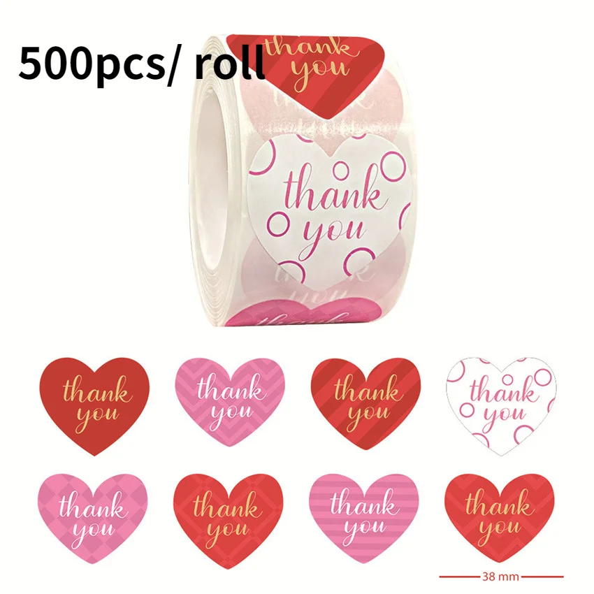 

500Pcs Love Heart Shaped Label 1.5inch Thank you Stickers for Valentine's Day Wedding Party Decor Gift Packaging Seal Sticker