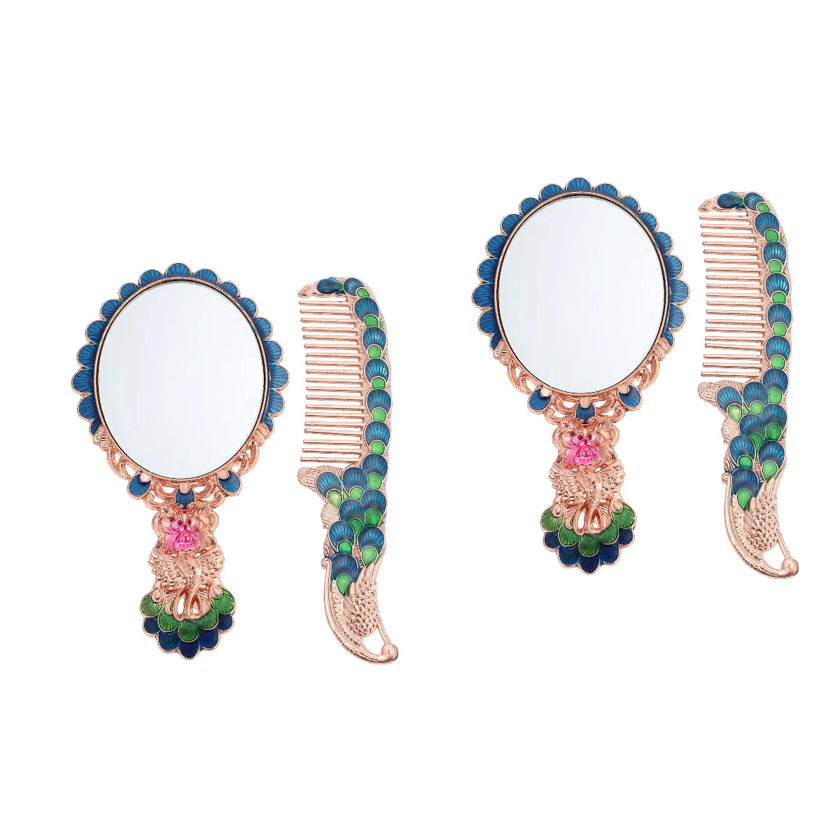 

2 Sets of Handhold Vintage Makeup Mirrors Peacocks Pattern Comb Mirrors