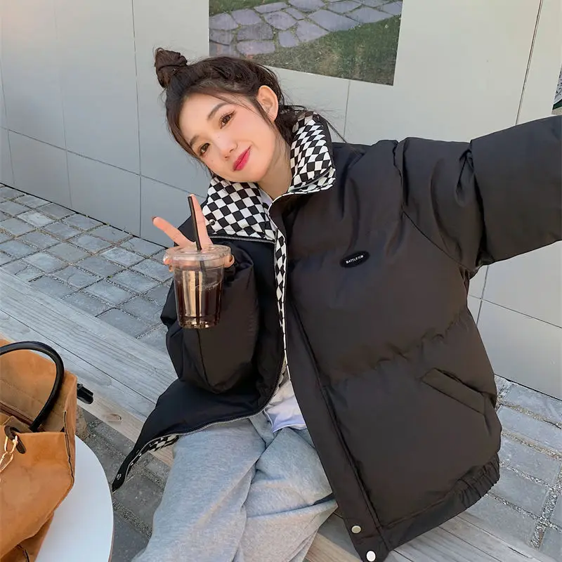 Winter New Checkerboard Down Cotton Jacket Women Loose Standing Collar Cotton Jacket Cotton Jacket Thickened Warm Bread Clothes